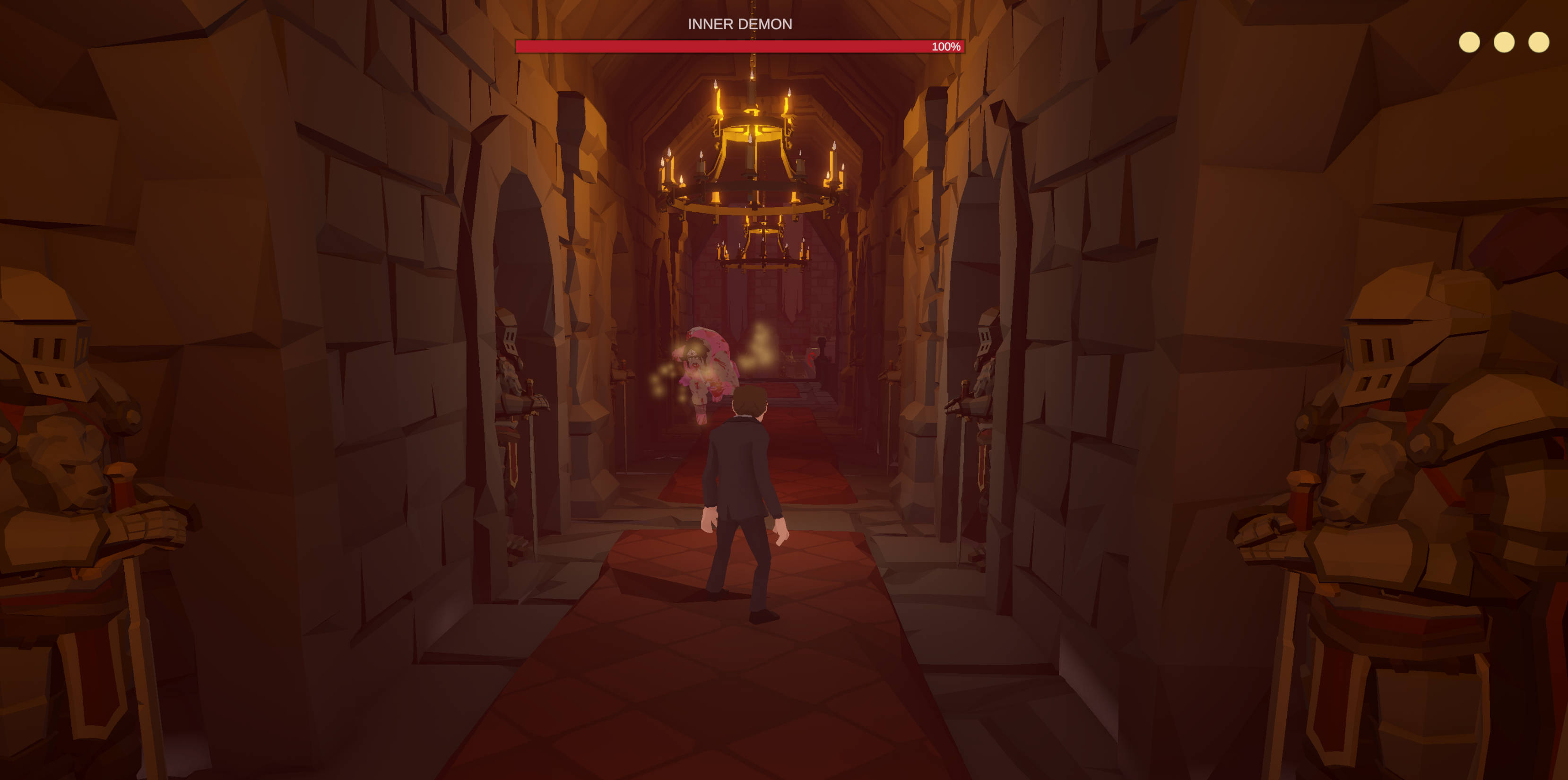 A lone figure faces a glowing inner demon at the end of a torch-lit dungeon hall, with an "Inner Demon" health bar overhead